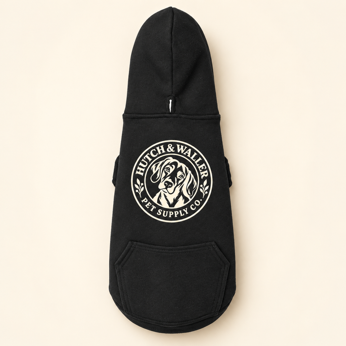 Black dog hoodie with ivory Hutch & Waller badge