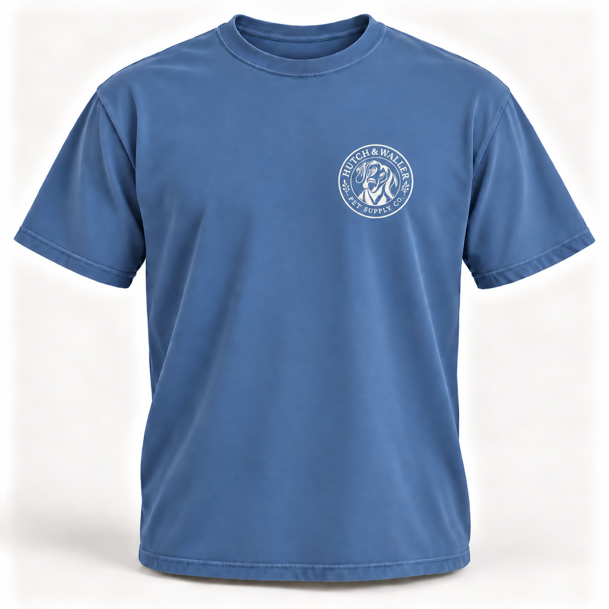 Hutch & Waller Classic Badge T-Shirt in Blue Jean, white single-color left-chest badge, revised mockup
