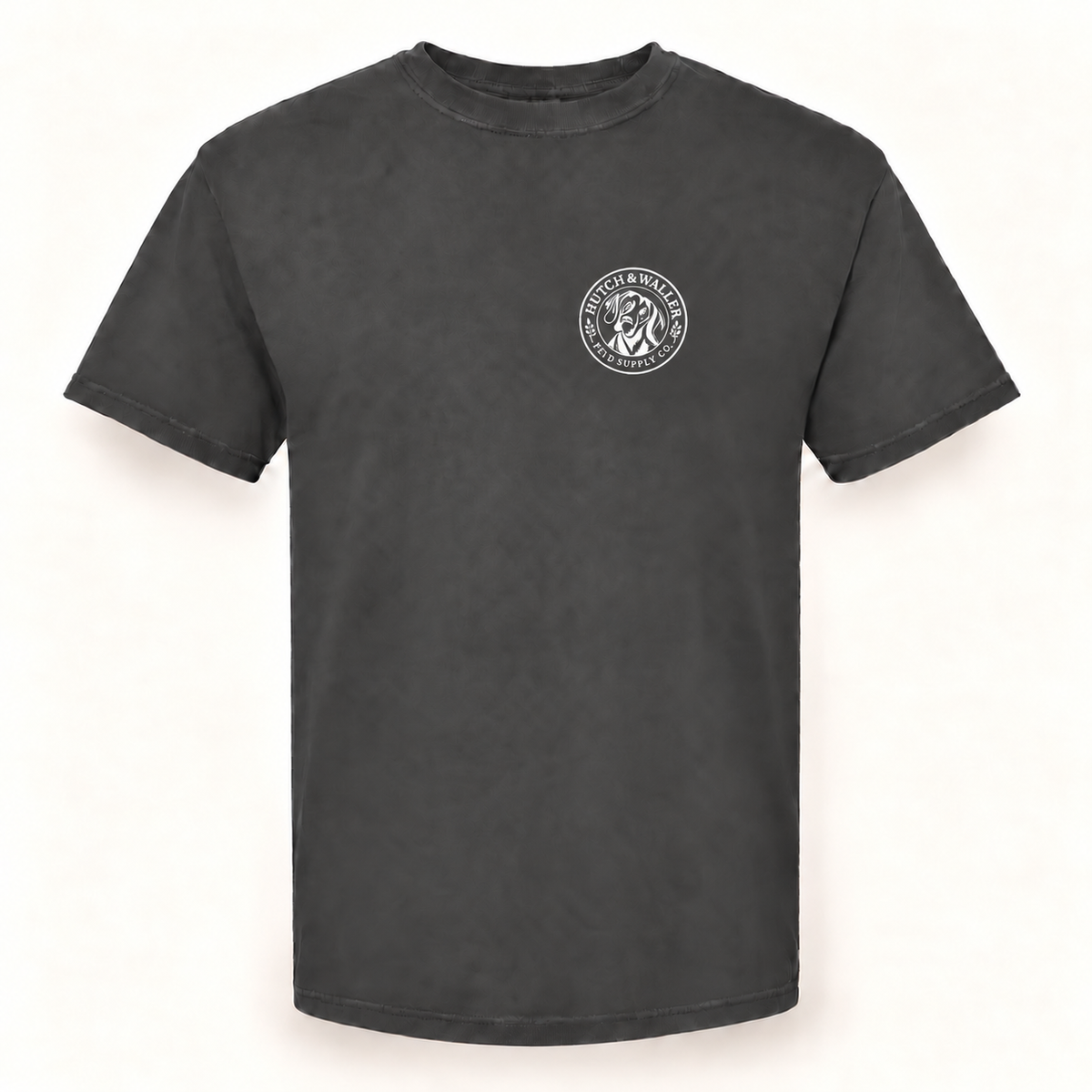 Hutch & Waller Classic Badge T-Shirt in Pepper, white single-color left-chest badge, revised mockup
