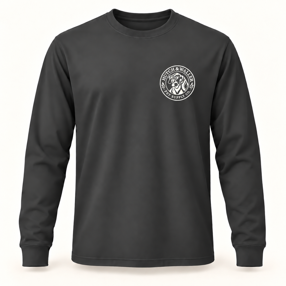 Hutch & Waller Classic Badge Long-Sleeve Tee in Charcoal, white single-color left-chest badge, revised mockup