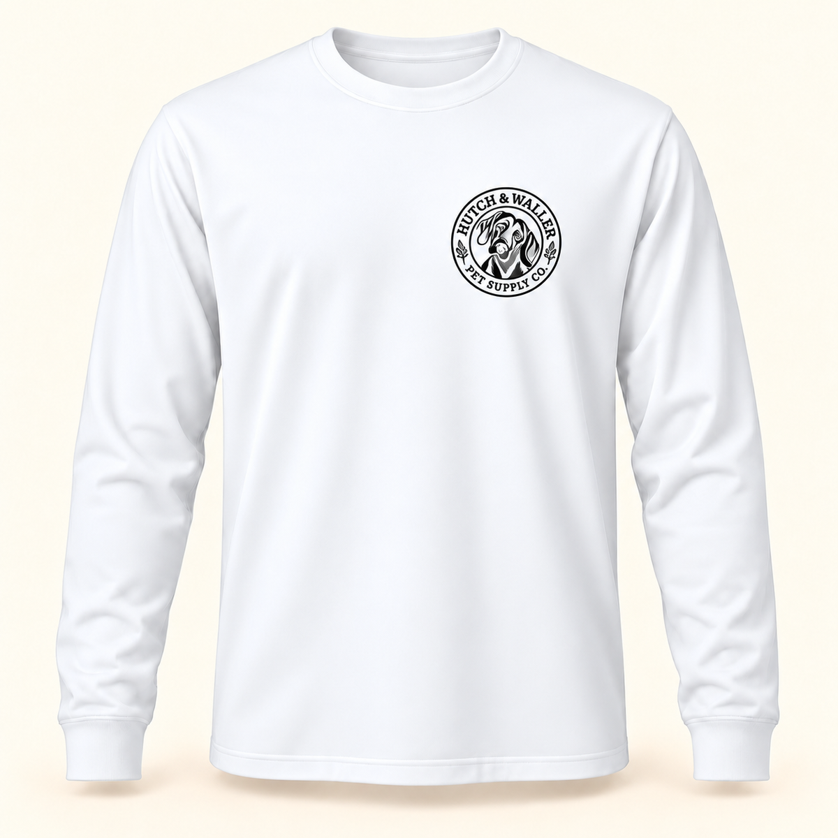 Hutch & Waller Classic Badge Long-Sleeve Tee in White, black single-color left-chest badge, revised mockup