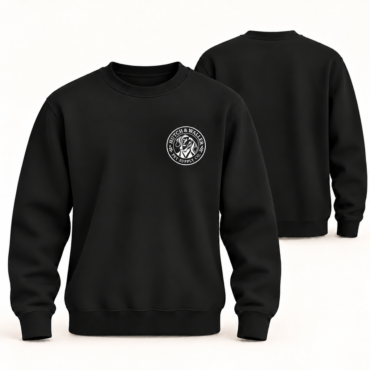 Hutch & Waller Classic Badge Crewneck in Black, white single-color left-chest badge, revised mockup