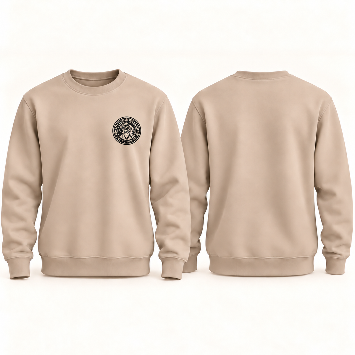 Hutch & Waller Classic Badge Crewneck in Latte, black single-color left-chest badge, revised mockup