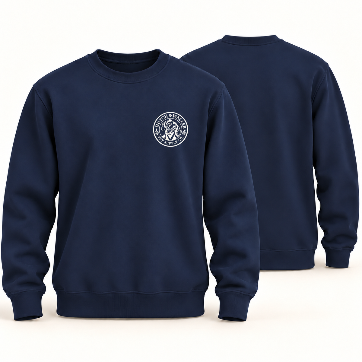 Hutch & Waller Classic Badge Crewneck in Navy, white single-color left-chest badge, revised mockup