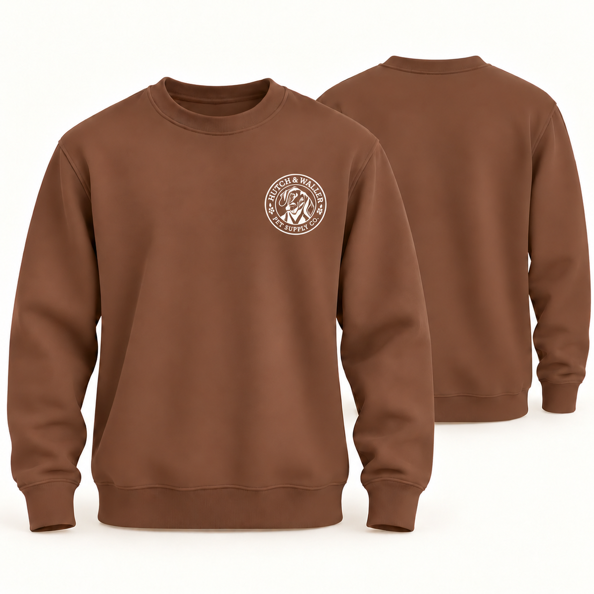 Hutch & Waller Classic Badge Crewneck in Terra Brown, white single-color left-chest badge, revised mockup