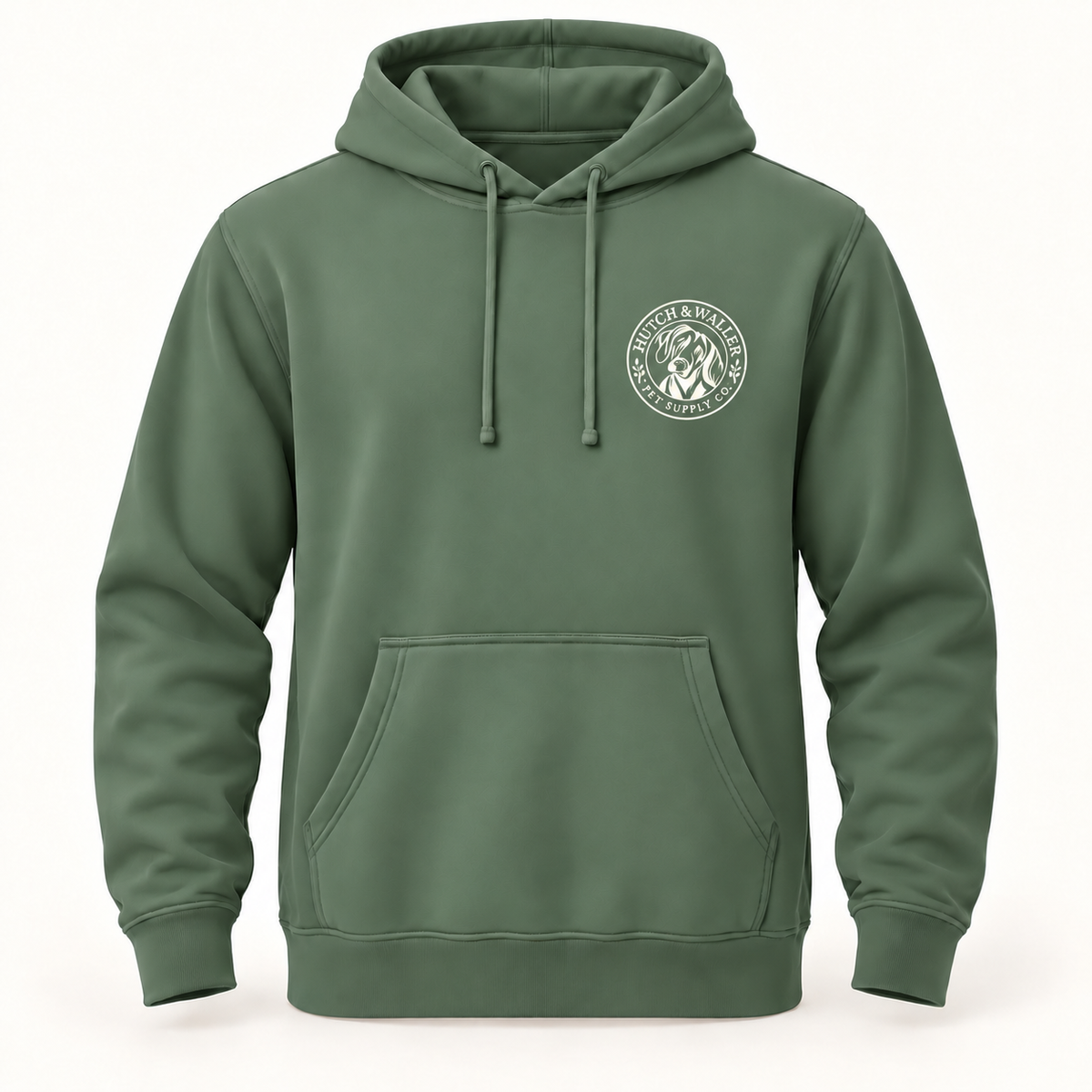 Hutch & Waller Classic Badge Hoodie in Pigment Alpine Green, white single-color left-chest badge, revised mockup