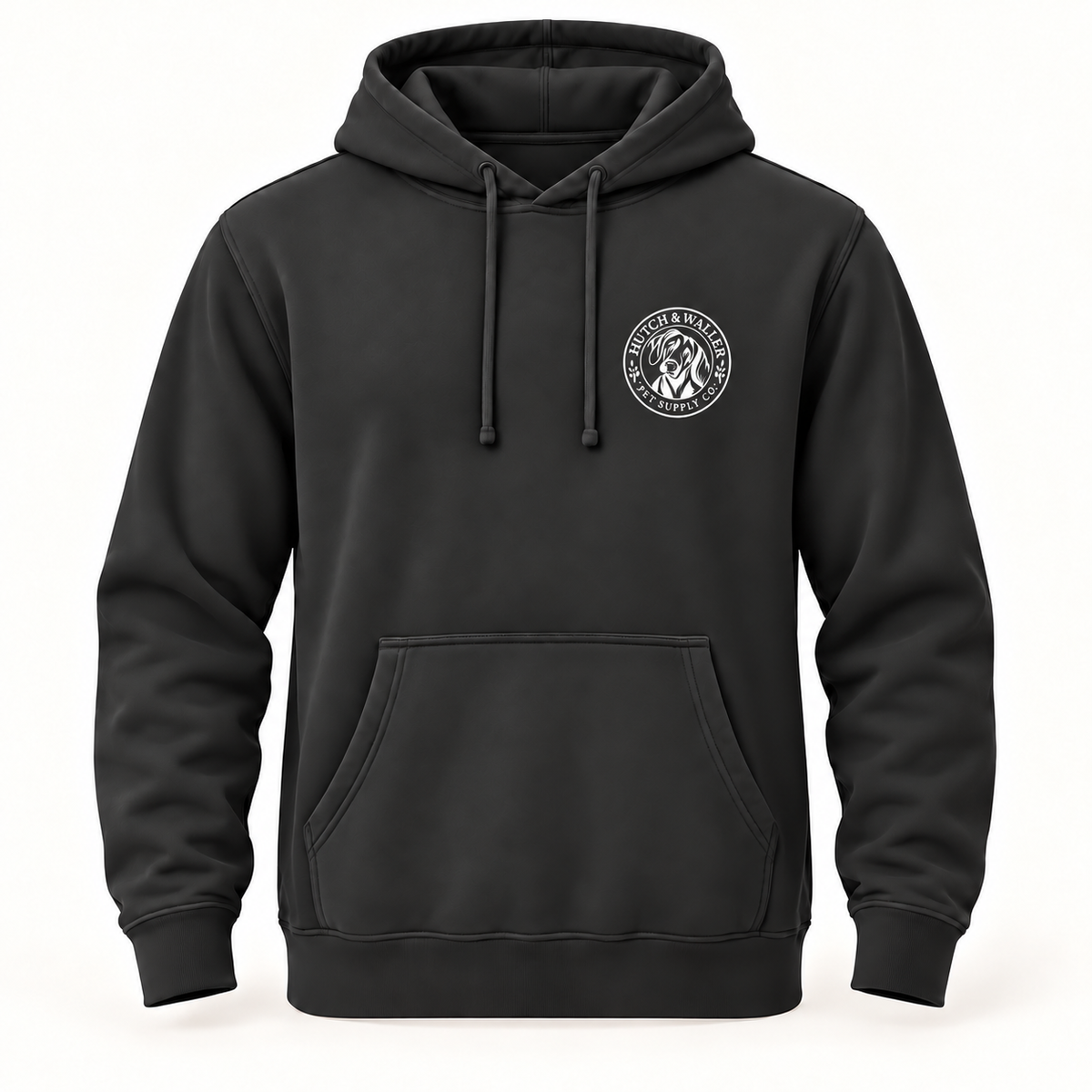 Hutch & Waller Classic Badge Hoodie in Pigment Black, white single-color left-chest badge, revised mockup