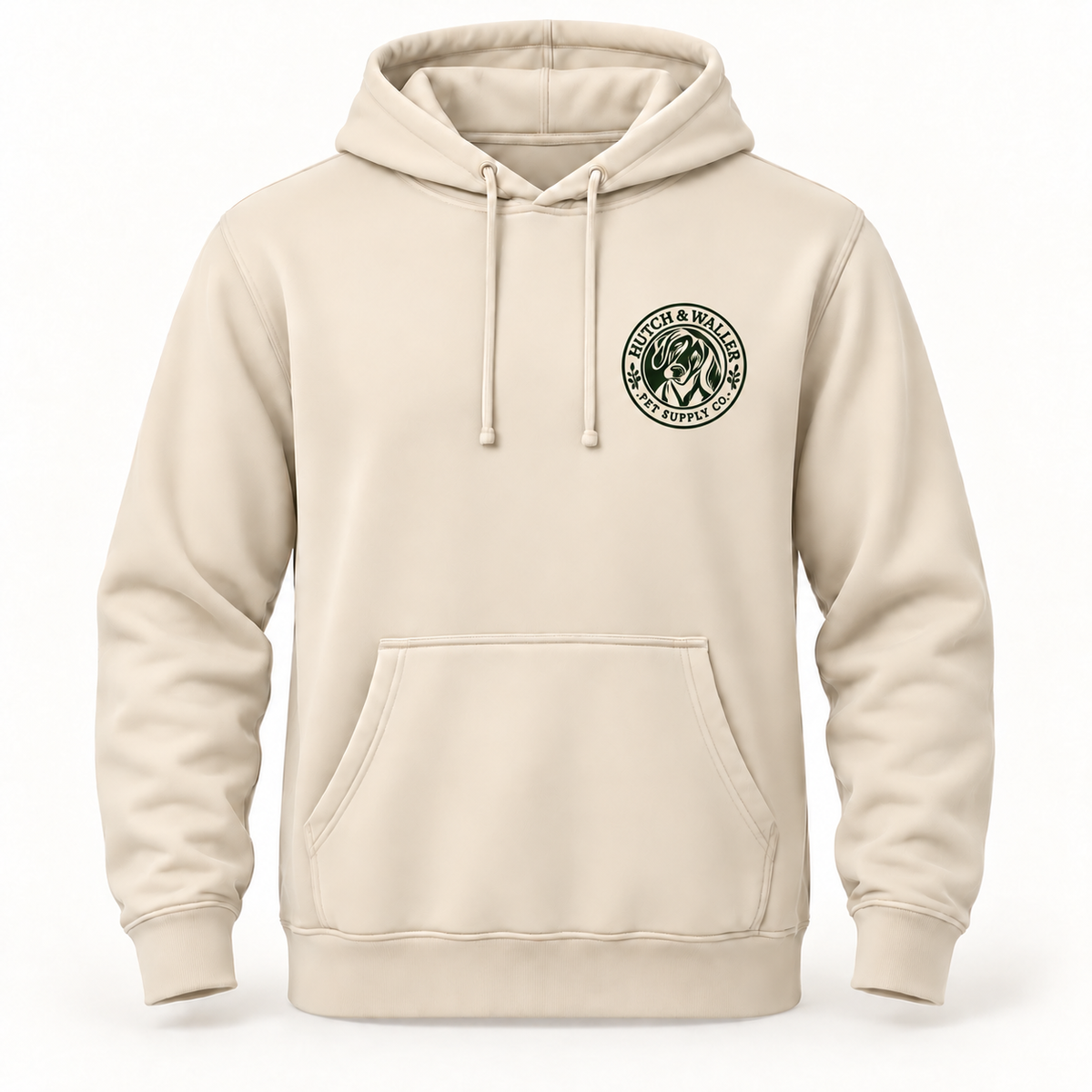 Hutch & Waller Classic Badge Hoodie in Pigment Ivory, black single-color left-chest badge, revised mockup