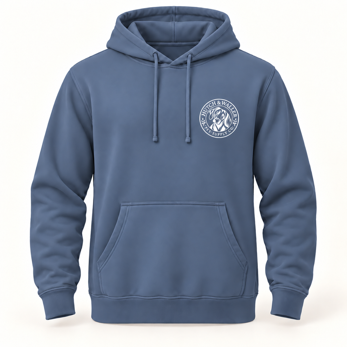 Hutch & Waller Classic Badge Hoodie in Pigment Slate Blue, white single-color left-chest badge, revised mockup