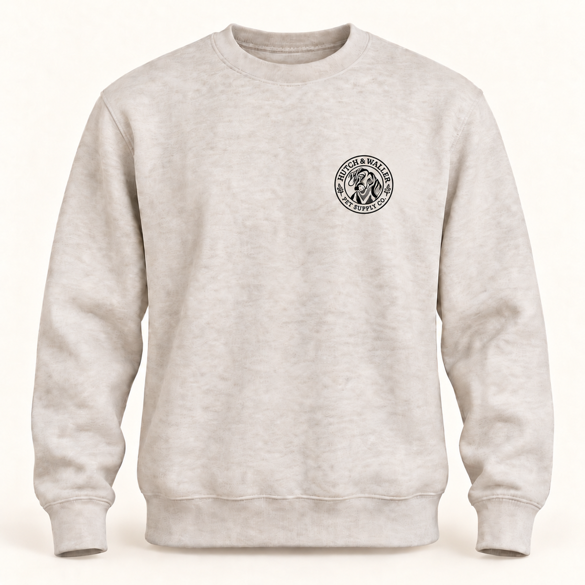 Hutch & Waller Classic Badge Crewneck in Oatmeal Heather, open black linework left-chest badge