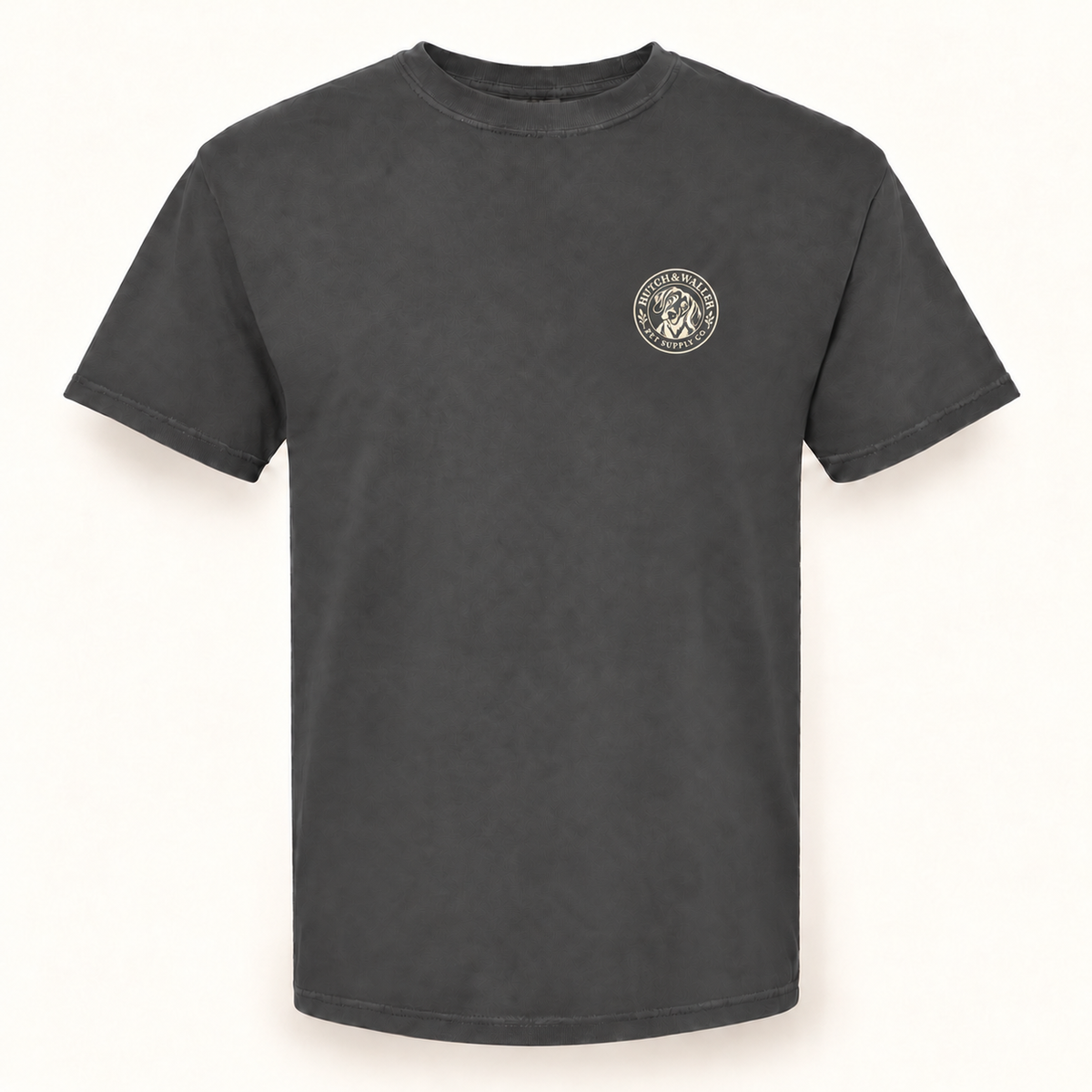 Pepper T-shirt with ivory Hutch & Waller chest badge