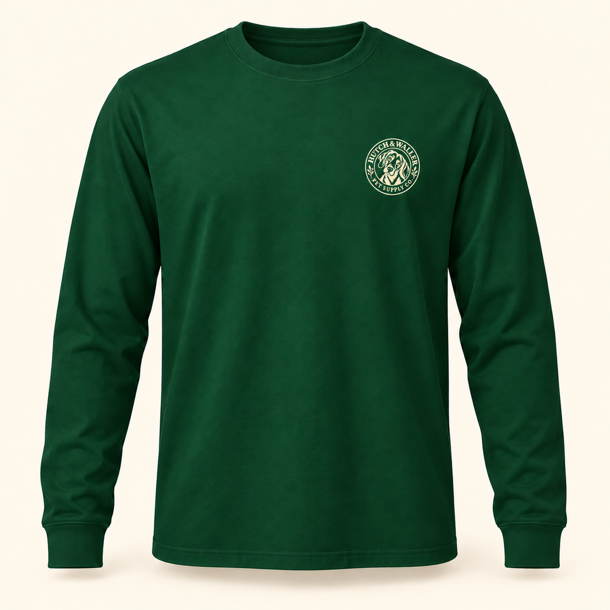 Forest long-sleeve tee with ivory Hutch & Waller chest badge