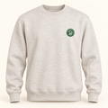 Oatmeal crewneck with forest-green Hutch & Waller chest badge