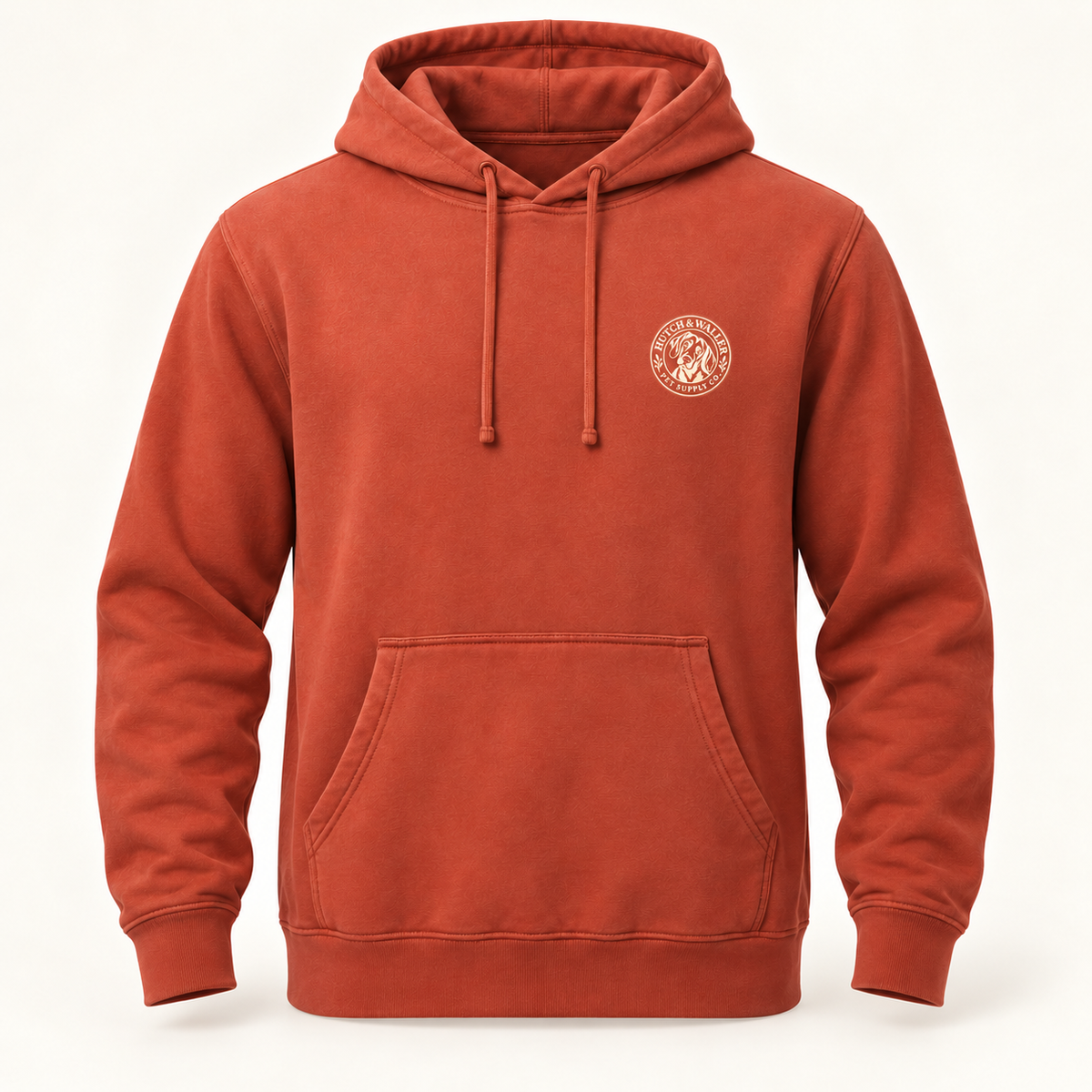 Amber hoodie with ivory Hutch & Waller chest badge